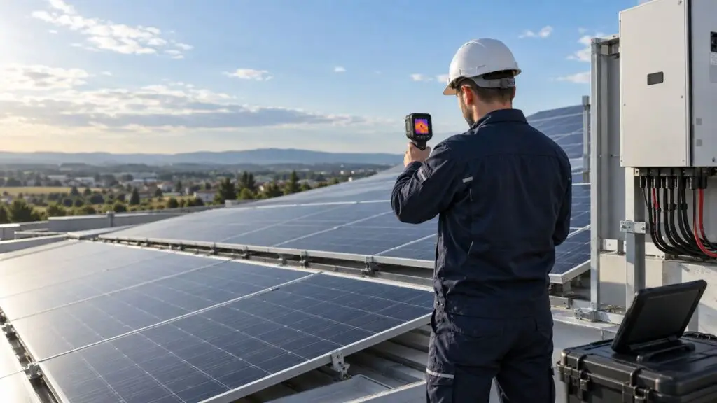 Tehnician inspectează panouri fotovoltaice cu cameră termică