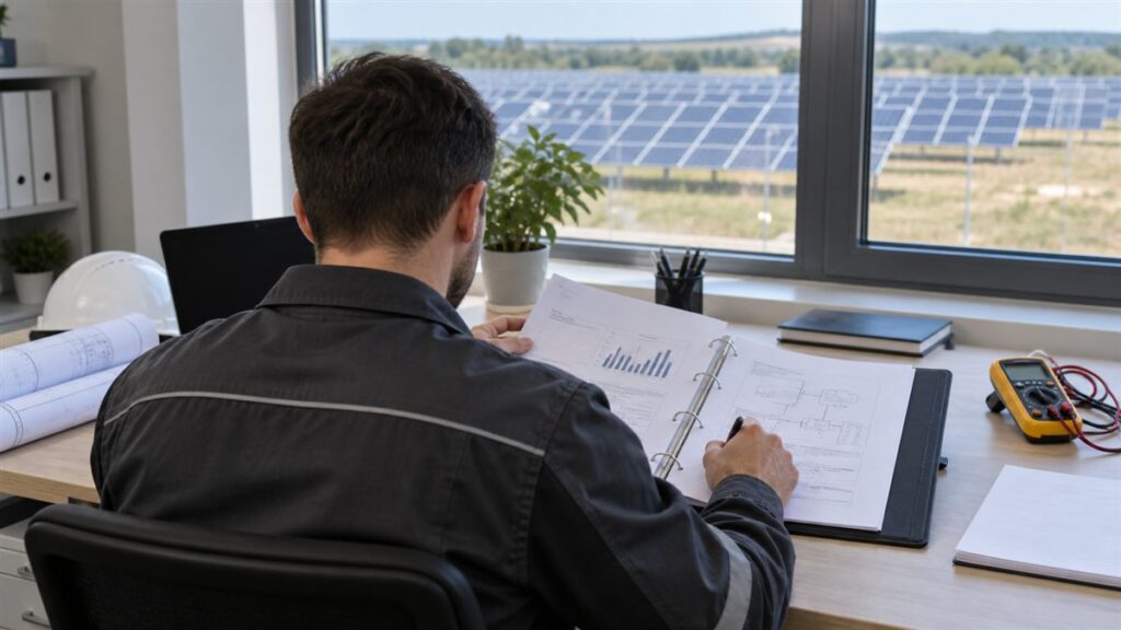 Tehnician pregătește un raport tehnic pentru decizia privind o centrală fotovoltaică
