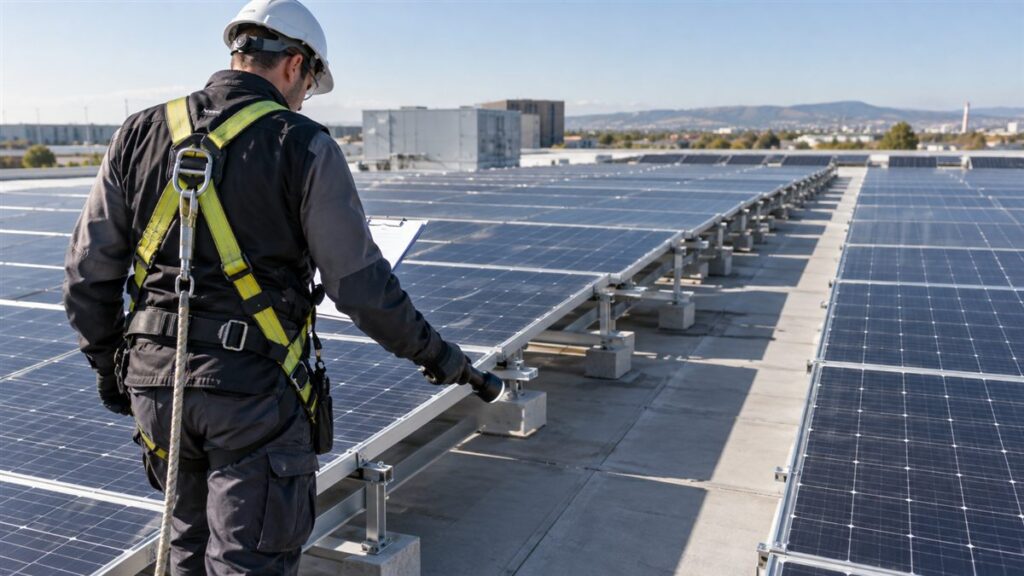 Tehnician realizează o verificare rapidă a unei centrale fotovoltaice