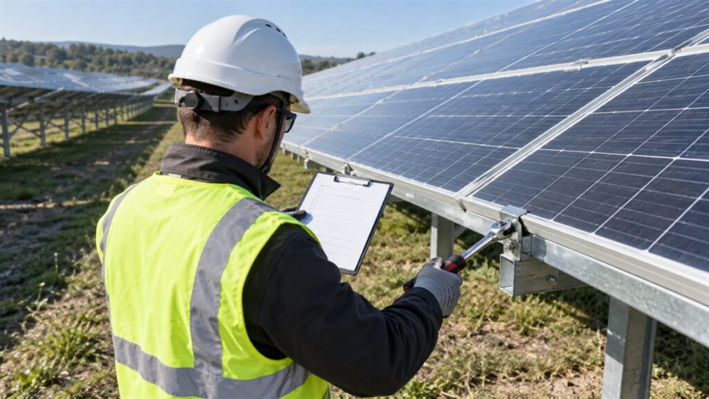 Tehnician inspectează structura unei centrale fotovoltaice la recepție