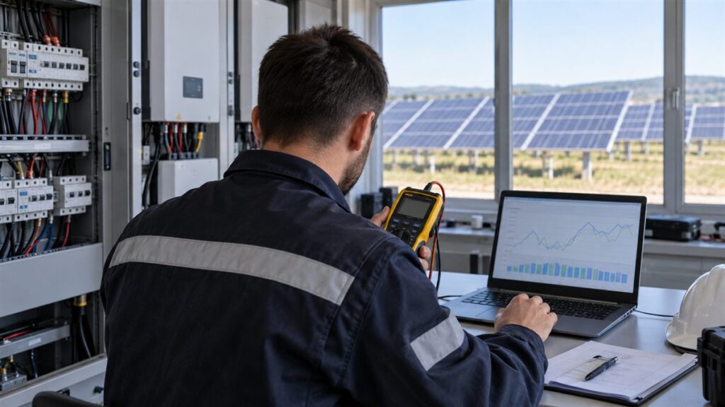 Tehnician analizează performanța unei centrale fotovoltaice