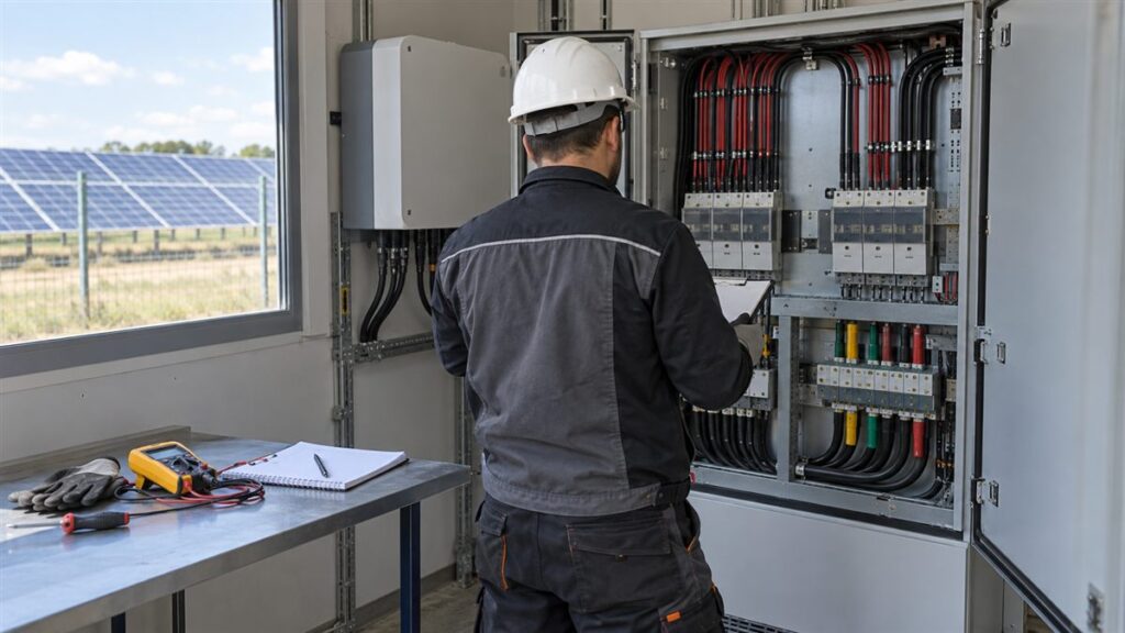 Tehnician verifică echipamentele electrice ale unei centrale fotovoltaice