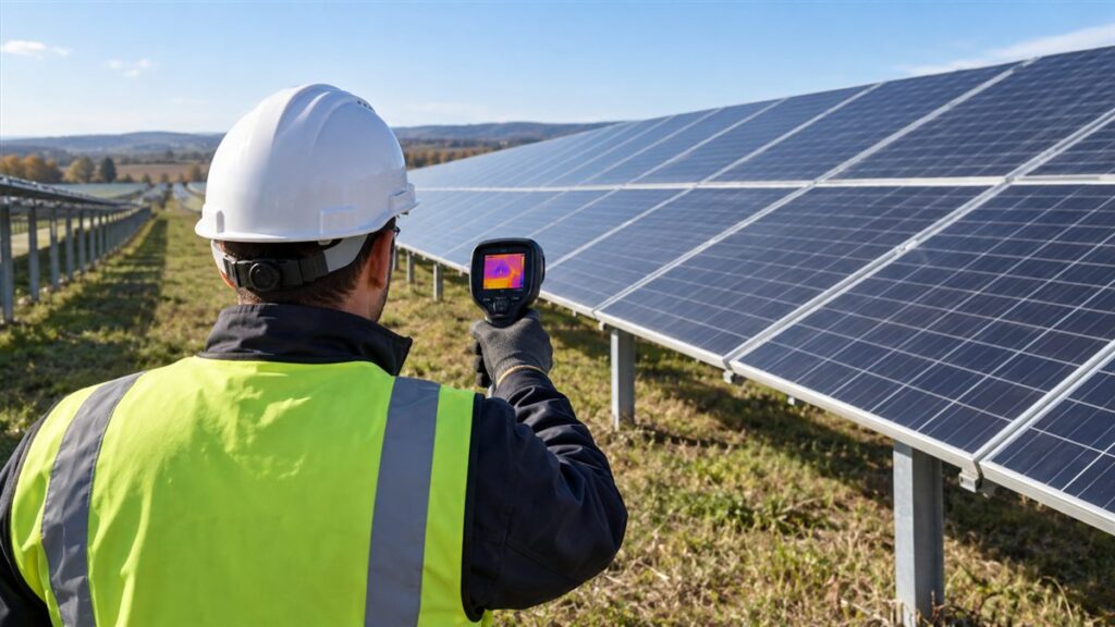 Tehnician verifică termografic o centrală fotovoltaică